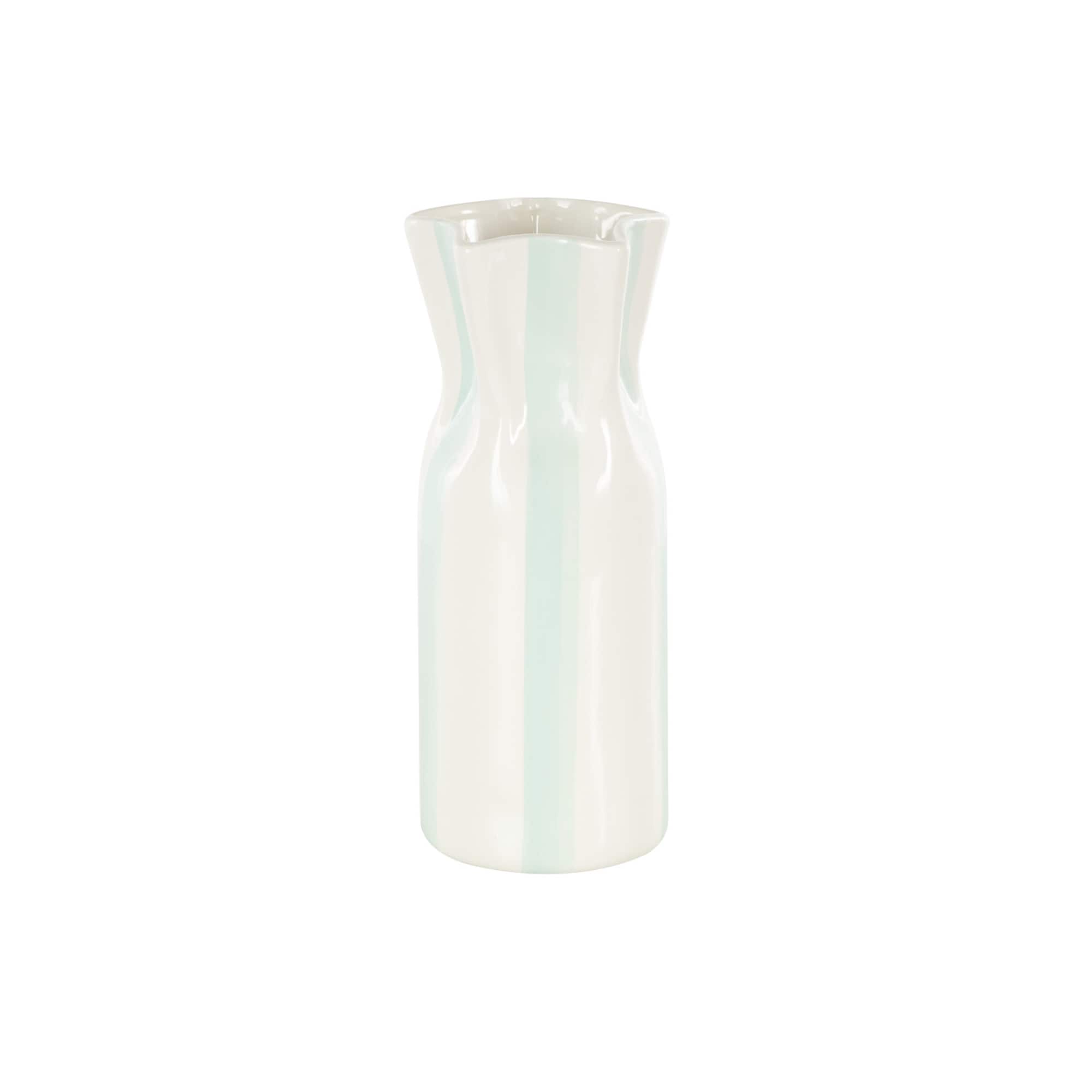 12" White & Teal Stripes Round Wide Ceramic Vase